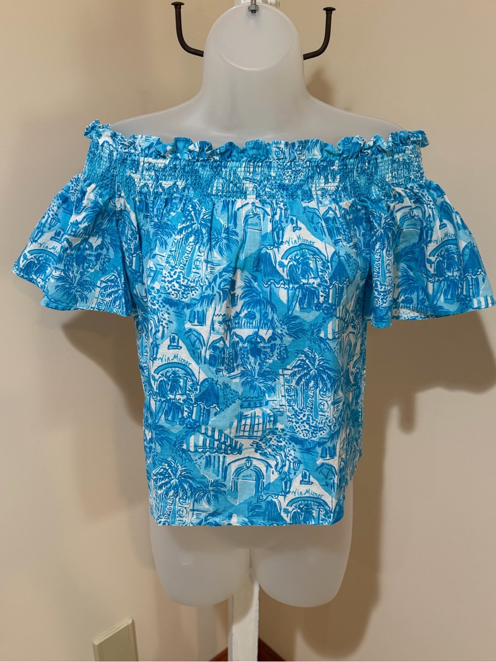 NEW Lilly Pulitzer Leanne Off Shoulder Linen Amalfi Blue Sunny State of Mind XXS - Picture 10 of 12
